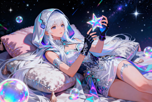 Обои картинки фото аниме, honkai,  star rail, девушка, наряд, перчатки, звезда, подушки, шары, космос