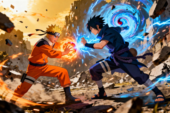 Обои картинки фото аниме, naruto, узумаки, наруто, учиха, саске, бой, поединок, магия, скалы