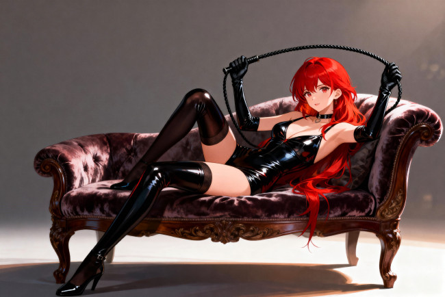 Обои картинки фото аниме, unknown,  другое , девушка, боди, чулки, кнут, диван