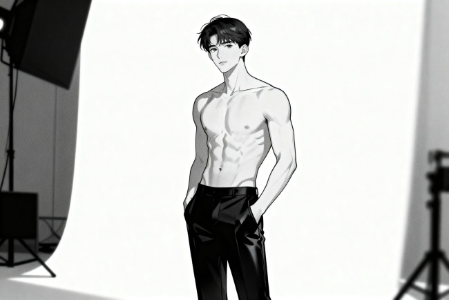 Обои картинки фото аниме, unknown,  другое , парень, торс, брюки, фон, камеры