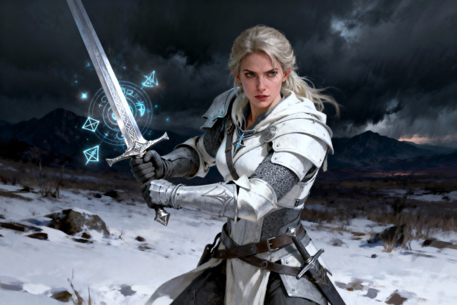 Обои картинки фото фэнтези, девушки, девушка, воительница, доспехи, меч, магия, снег, горы, тучи