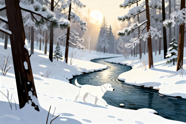 Обои картинки фото рисованное, животные,  собаки, собака, белая, река, лес, зима, снег