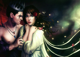 Картинка фэнтези люди бабочка цветок птица корона