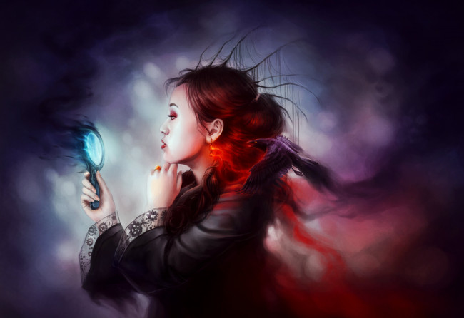 Обои картинки фото фэнтези, девушки, зеркало, ворон