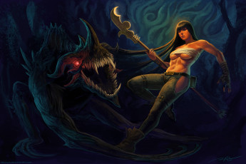 Картинка фэнтези красавицы+и+чудовища девушка копье чудовище монстр схватка