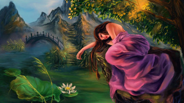 Картинка рисованные люди девушка мост лотос