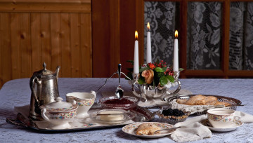 Картинка еда сервировка чашки свечи пирог джем