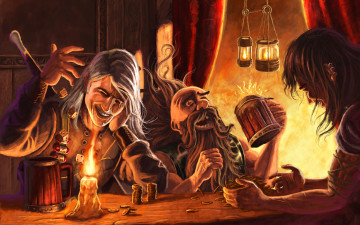 Картинка фэнтези люди улыбка свеча кости кружка монеты