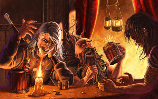 Обои картинки фото фэнтези, люди, улыбка, свеча, кости, кружка, монеты