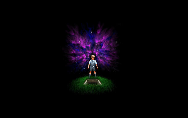 Обои картинки фото ребенок, рисованные, минимализм, галактика, космос, мальчик, трава, вселенная