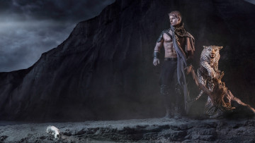 Картинка фэнтези фотоарт череп леопард торс парень