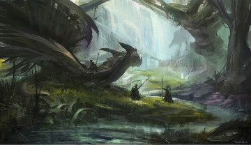 Картинка фэнтези драконы дракон копья люди мир иной