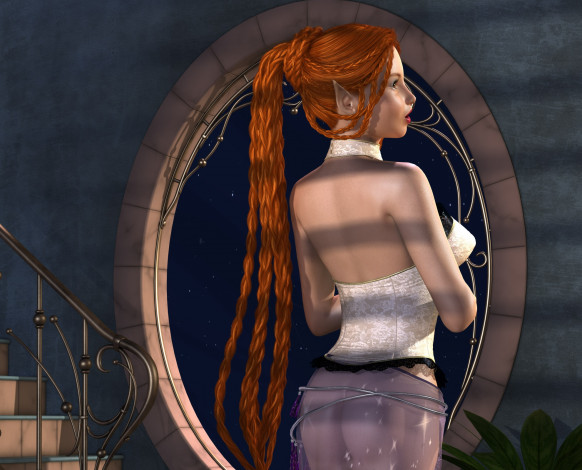 Обои картинки фото 3д графика, эльфы , elves, взгляд, эльфийка, рыжая, фон