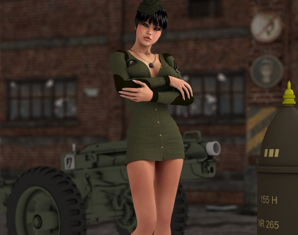 Обои картинки фото 3д графика, люди , people, взгляд, девушка, пушка, фон