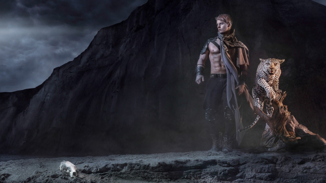 Обои картинки фото фэнтези, фотоарт, череп, леопард, торс, парень