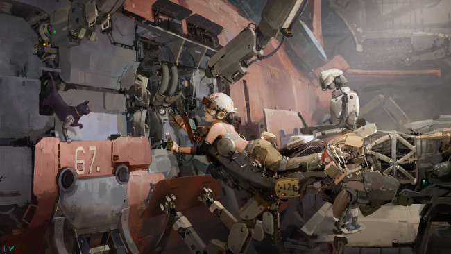 Обои картинки фото фэнтези, роботы,  киборги,  механизмы, технологии, корабль, девушка, фантастика, арт, yi, gesang