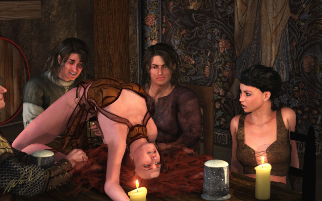 Обои картинки фото 3д графика, люди , people, девушка, взгляд, фон, танец, свечи, парни