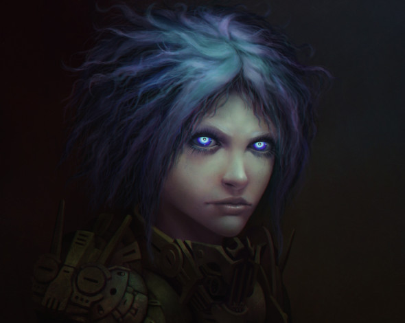 Обои картинки фото фэнтези, роботы,  киборги,  механизмы, глаза, костюм, девушка, арт, киборг, волосы, взгляд