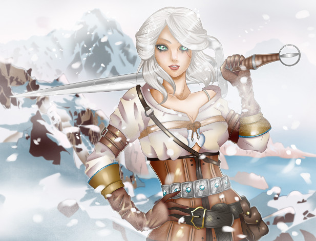 Обои картинки фото видео игры, the witcher 3,  wild hunt, девушка, фон, униформа, меч, взгляд