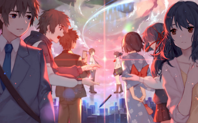 Обои картинки фото аниме, kimi no na wa, miyamizu, mitsuha, tachibana, taki