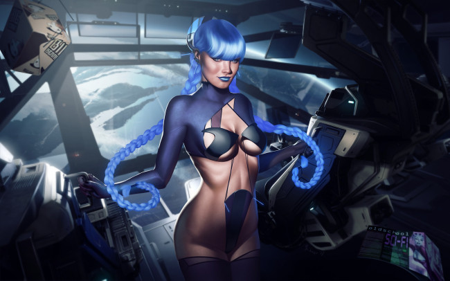 Обои картинки фото фэнтези, девушки, тело, коса, фантастика, грудь, spaceship, девушка, костюм