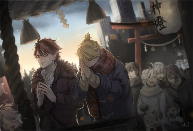 Обои картинки фото аниме, город,  улицы,  здания, парни