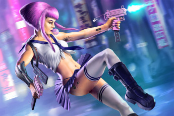 обоя фэнтези, роботы,  киборги,  механизмы, жевачка, пистолет, фон, девушка