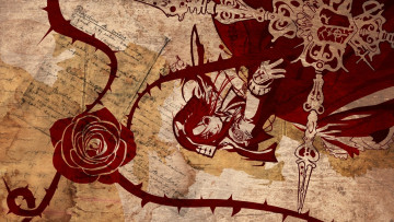 обоя аниме, trinity blood, оружие, девушка, роза, бумаги