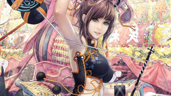 Обои картинки фото аниме, unknown,  другое , иероглифы, посох, девушка