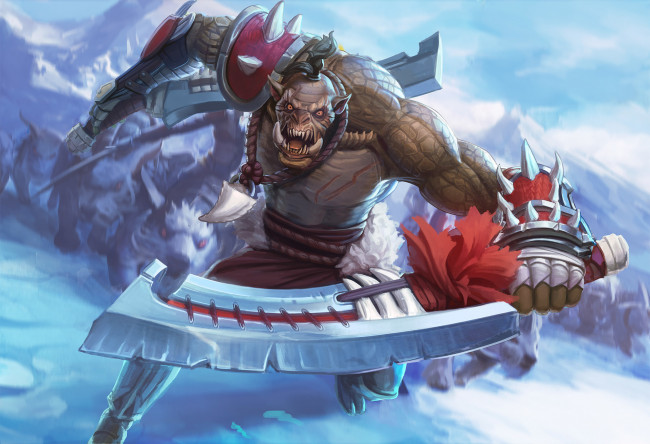 Обои картинки фото фэнтези, существа, взгляд, оружие, фон, орк