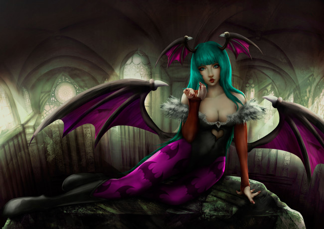 Обои картинки фото darkstalkers, аниме, взгляд, фон, девушка, крылья