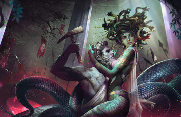 Картинка видео+игры magic +the+gathering+-+other взгляд статуя фон мужчина змеи топор девушка