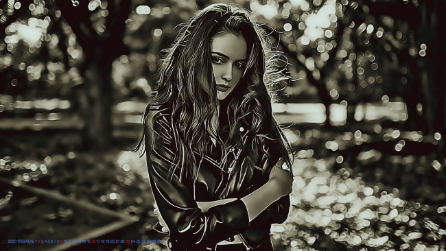 Обои картинки фото календари, компьютерный дизайн, женщина, боке, девушка, взгляд, 2020, calendar, природа