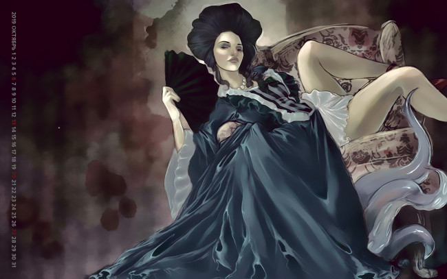 Обои картинки фото календари, фэнтези, calendar, 2019, девушка, веер, существо, кресло, женщина