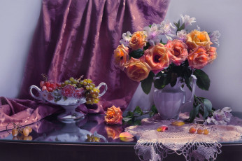 Картинка еда виноград букет розы альстромерия