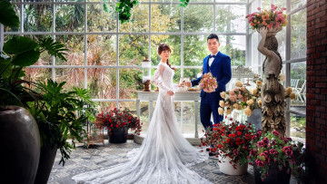 Картинка разное мужчина+женщина оранжерея цветы новобрачные азиаты