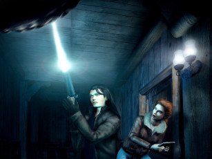 обоя видео игры, alone in the dark 4, парень, девушка, оружие, фонарик, коридор