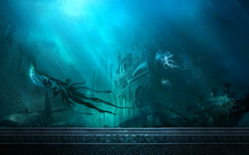 обоя видео игры, mummy online, океан, подводная, лодка, кальмар, здание