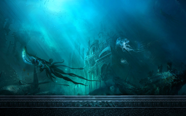 Обои картинки фото видео игры, mummy online, океан, подводная, лодка, кальмар, здание