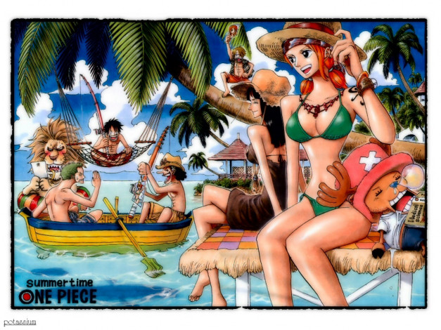 Обои картинки фото summer, time, аниме, one, piece, nami, monkey, d, luffy, sanji, roronoa, zoro, usopp, chopper, nico, robin