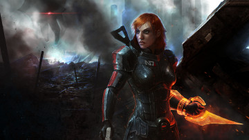 Картинка видео игры mass effect shepard броня femshep шепард развалины