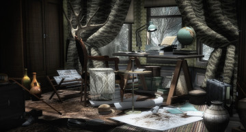 Картинка 3д графика realism реализм комната бумаги стол глобус интерьер