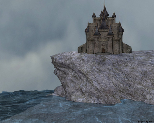Обои картинки фото 3д, графика, architecture, архитектура, замок, скала, море