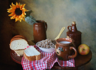 Картинка еда натюрморт батон гречка молоко подсолнух