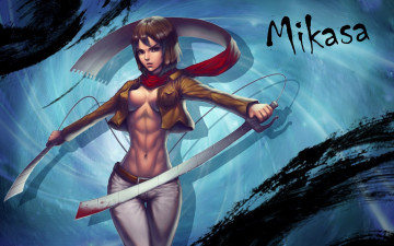 Картинка аниме shingeki+no+kyojin клинки жест краски солдат шарф девушка art грудь взгляд mikasa ackerman