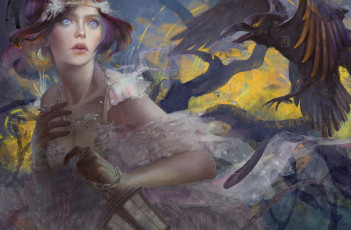 Картинка фэнтези девушки бегство фонарь арт испуг ворон нарисованная девушка