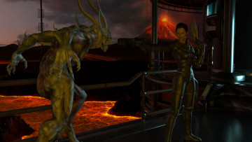 Картинка 3д+графика фантазия+ fantasy оружие фон демон взгляд девушка