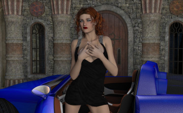 Картинка 3д+графика люди-авто мото+ people-+car+ +moto девушка взгляд фон автомобиль рыжая