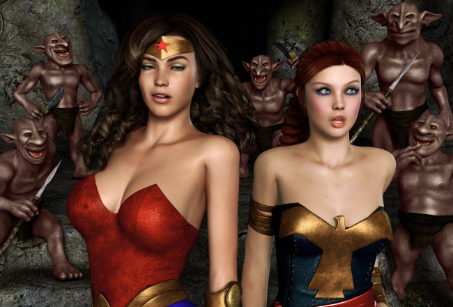 Обои картинки фото 3д графика, фантазия , fantasy, девушки, взгляд, фон, троли