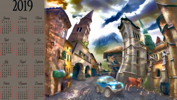 Картинка календари рисованные +векторная+графика дом улица корова машина здание город